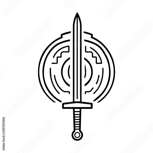 Minimalist sword and shield emblem with intricate maze design
