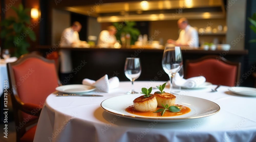 Fototapeta premium Gourmet Seared Scallops with a Zesty Orange Sauce, Elegantly Presented on a Pristine Table Setting in a Fine Dining Restaurant