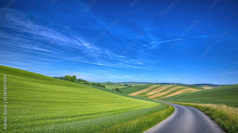 Wide road into distance, flanked by green fields and blue sky. High-definition, horizontal composition. Serene beauty. Wide road into distance, flanked by green fields and blue sky. High-definition, horizontal composition. Serene beauty.
