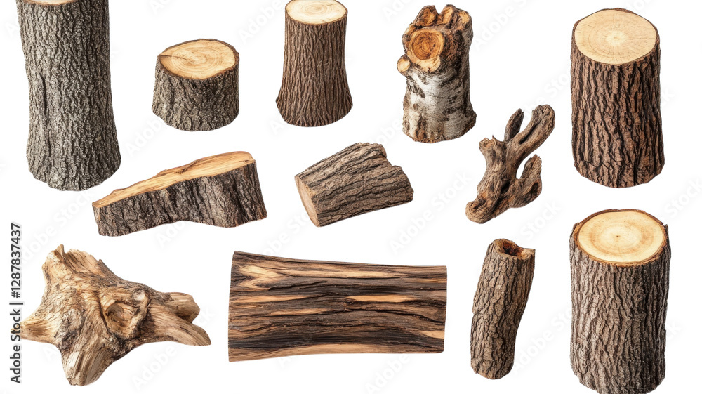 Collection of various wooden logs and stumps showcasing different textures, shapes, and cuts in a natural arrangement