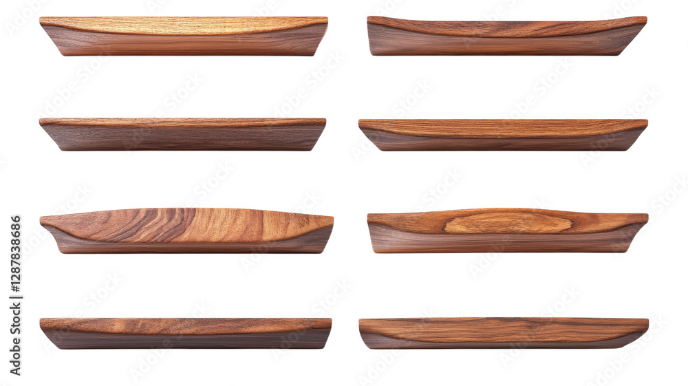 Unique wooden trays arranged in a grid, showcasing different shapes and tones, perfect for home decor and organization