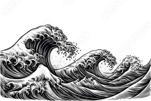 sea wave vintage illustration, hand drawn style, black and white vector illustration