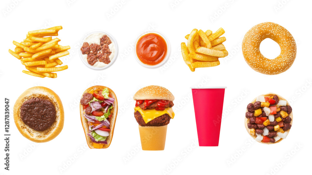 Various fast food items arranged visually with vibrant colors and textures in a casual setting