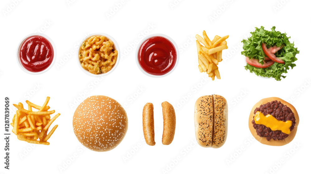 Fast food assortment featuring burgers, fries, and condiments arranged on a white background for a colorful display