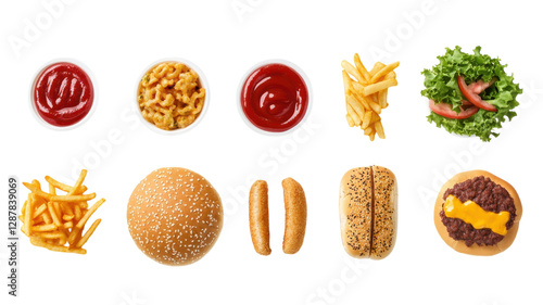 Obraz na płótnie Fast food assortment featuring burgers, fries, and condiments arranged on a white background for a colorful display w salonie