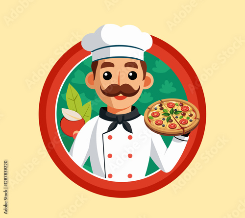 chef with a pizza plate,Cartoon Chef Holding a Delicious Pizza – Vector Illustration