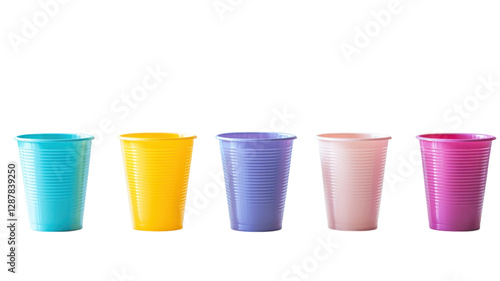 Colorful plastic cups arranged in a row, showcasing different shades and shapes on a plain background