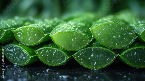 Fresh aloe vera leaves, wet, stacked, dark background