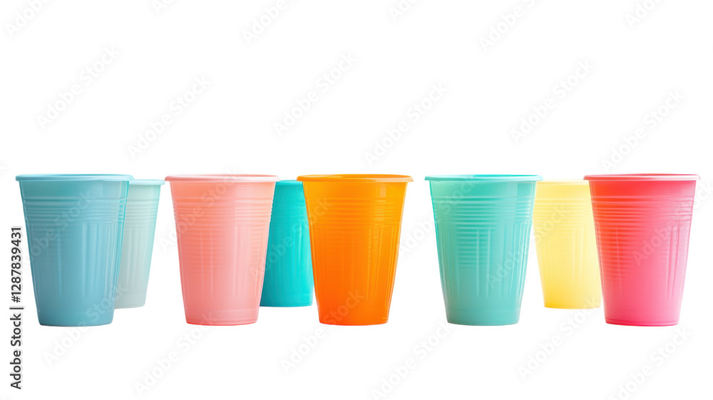 Colorful plastic cups arranged in various colors and sizes on a light background showcasing vibrant party supplies