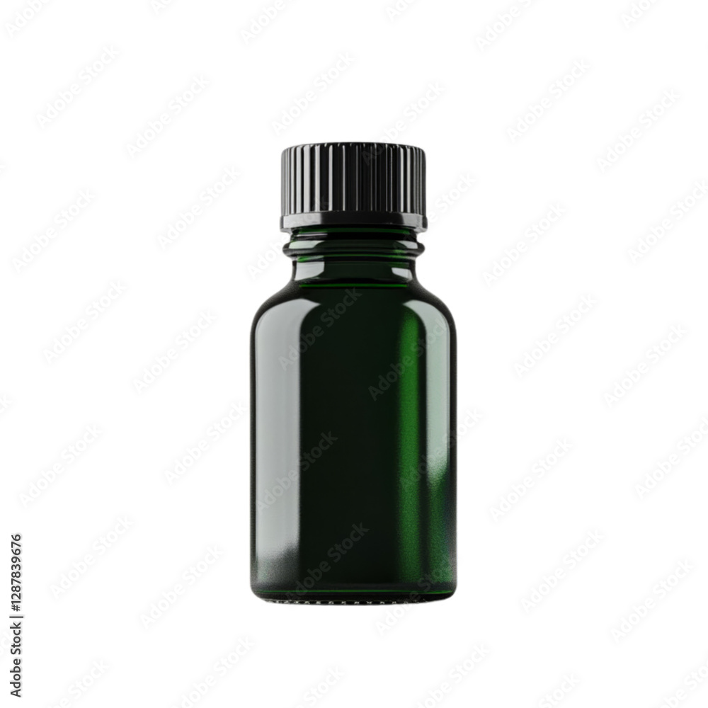 Small Dark Green Glass Bottle with Black Cap Isolated on White Background Small Dark Green Glass Bottle with Black Cap Isolated on White Background
