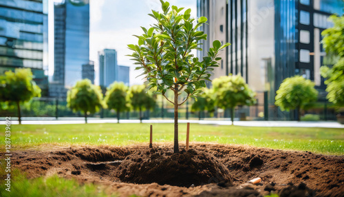 Fototapeta Naklejka Na Ścianę i Meble -  Urban Tree Planting – A newly planted tree in a city park with support stakes and mulch around