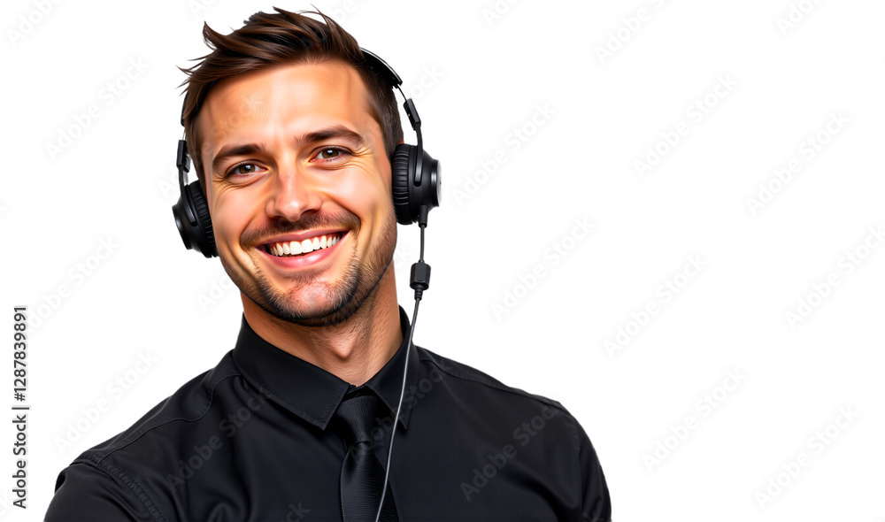 Smiling man in headset, customer service representative isolated on transparent background. Professional headshot for business, corporate, online meeting, or call center. Smiling man in headset, customer service representative isolated on transparent background. Professional headshot for business, corporate, online meeting, or call center.