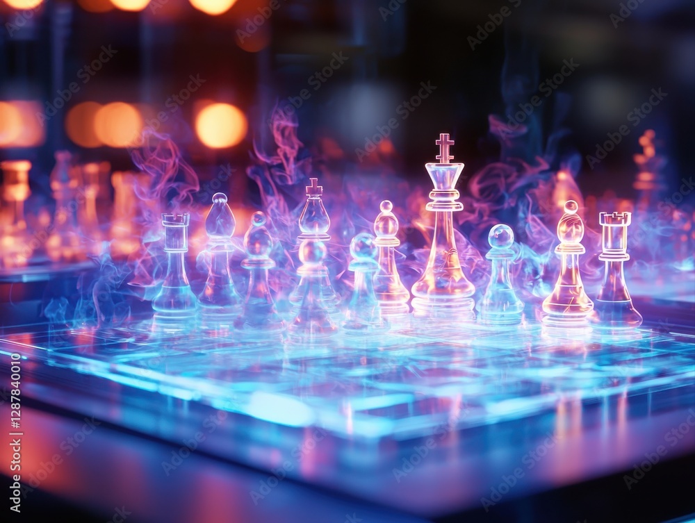 A glowing, vibrant chess set with ethereal smoke effects creates a mystical atmosphere, highlighting the game's strategic beauty. A glowing, vibrant chess set with ethereal smoke effects creates a mystical atmosphere, highlighting the game's strategic beauty.