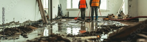 Construction workers in safety gear cleaning a flooded building site after damage.