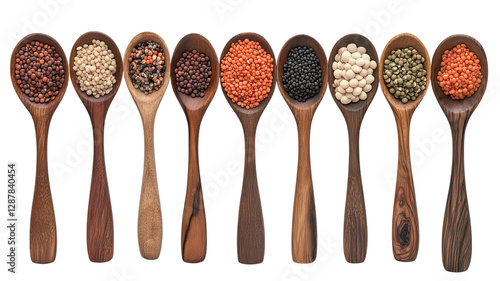 Obraz na płótnie Various types of legumes and seeds displayed in wooden spoons arranged in a row w salonie