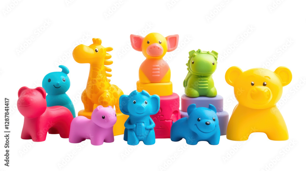 Colorful collection of plastic animals and toys arranged in a fun display for children's playtime