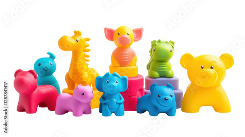 Obraz na płótnie Colorful collection of plastic animals and toys arranged in a fun display for children's playtime w salonie