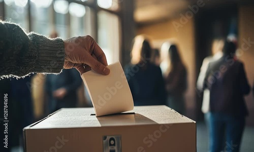 A hand placing a ballot into a voting box, symbolizing civic engagement and democratic participation.