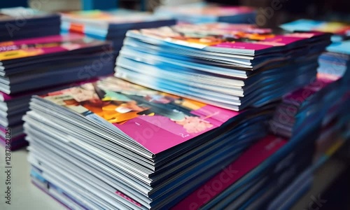 Printed brochures stacked warehouse, busy background, publishing