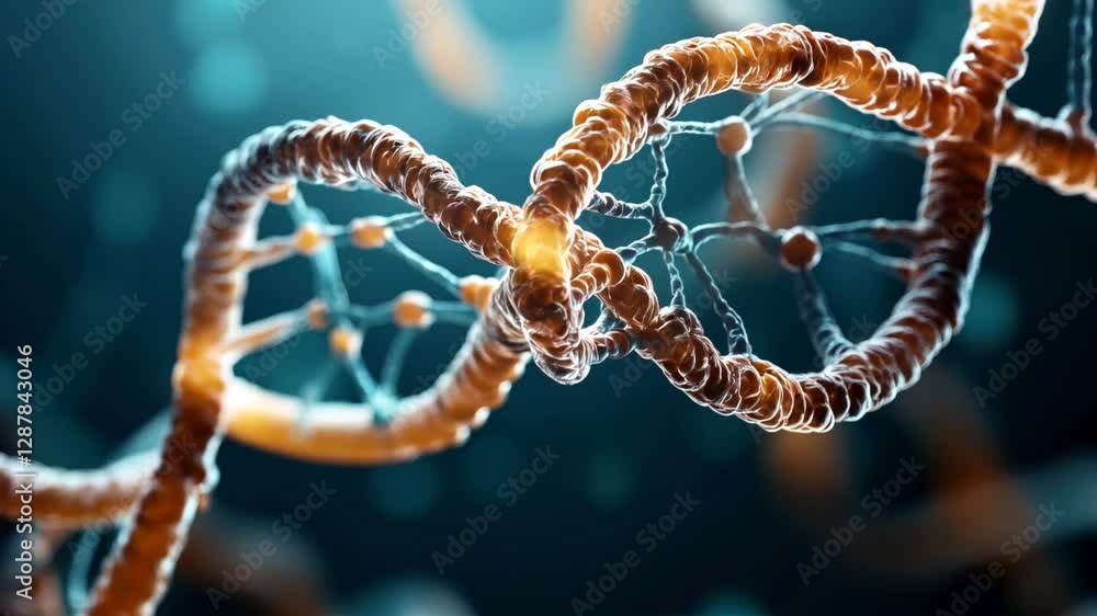 Close-up of a DNA double helix structure with glowing segments, illustrating genetic science and biotechnology concepts against a dark blue background. Close-up of a DNA double helix structure with glowing segments, illustrating genetic science and biotechnology concepts against a dark blue background.