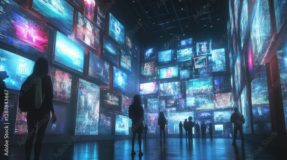 Figures view glowing digital art installations. Figures view glowing digital art installations.