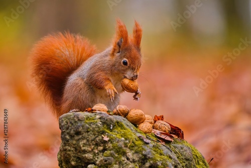 A european rerd squirrel sits on a stone and eats a nut. Sciurus vulgaris. Portrait of a cute red squirrel. 