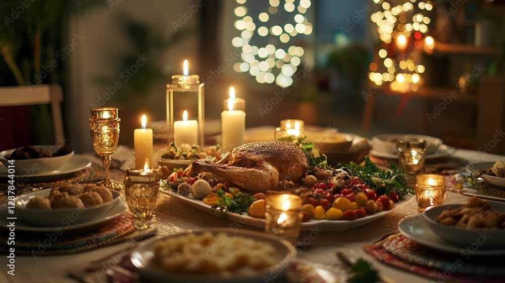 Elegant family Eid dinner table setting with candles and festive decor for a memorable celebration. Generative AI Elegant family Eid dinner table setting with candles and festive decor for a memorable celebration. Generative AI
