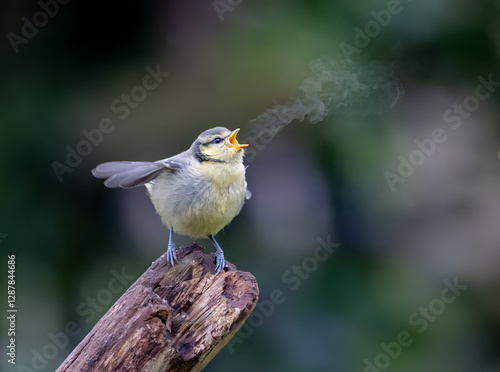 Foto Blue tit chick with smoky breath on a cold morning