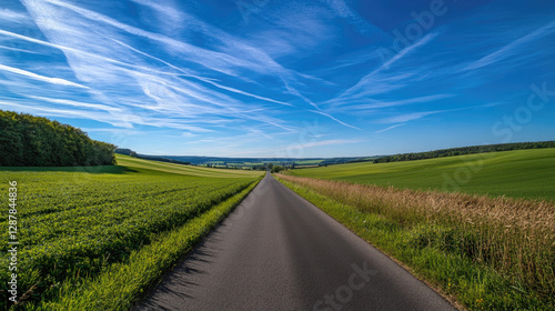 Wide road into distance, flanked by green fields and blue sky. High-definition, horizontal composition. Serene beauty.