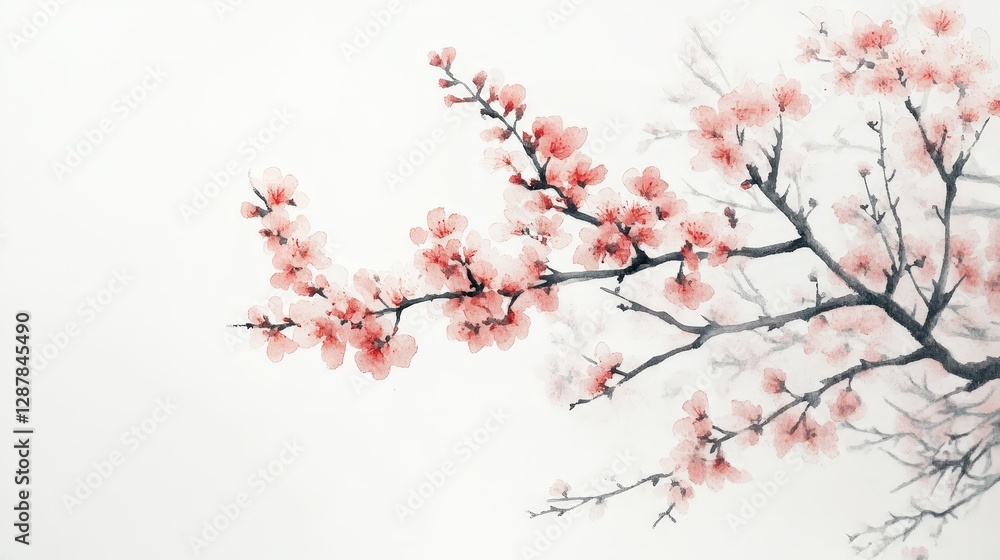 A delicate branch of pink cherry blossoms against a soft, minimalist background. A delicate branch of pink cherry blossoms against a soft, minimalist background.
