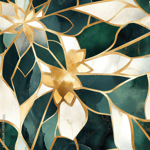 Mosaic flower blooms with golden lines against a marble and green background