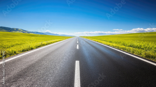 Wide road into distance, flanked by green fields and blue sky. High-definition, horizontal composition. Serene beauty.