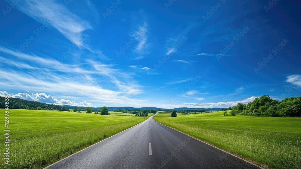 Wide road into distance, flanked by green fields and blue sky. High-definition, horizontal composition. Serene beauty. Wide road into distance, flanked by green fields and blue sky. High-definition, horizontal composition. Serene beauty.