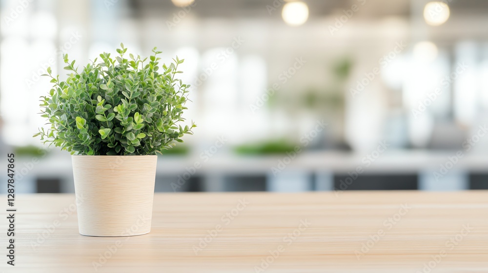 Fototapeta premium A serene modern office scene with a wooden table, potted plant, and soft lighting. Blurred glass partitions and greenery evoke tranquility and professionalism