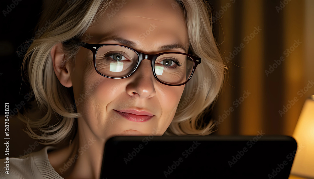 Mature woman with glasses using tablet in dimly lit room Mature woman with glasses using tablet in dimly lit room
