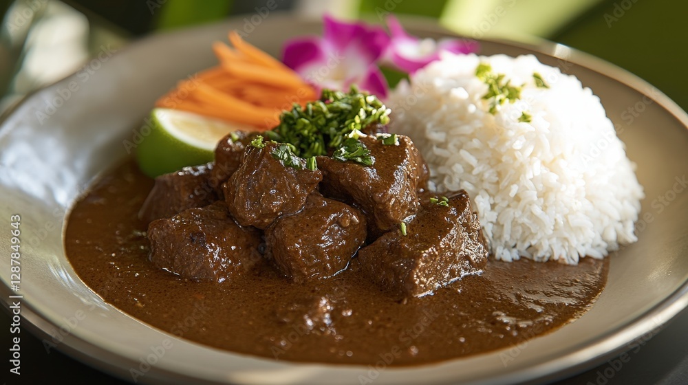 Savory Beef Dish with Rice and Garnishes on a Stylish Plate Savory Beef Dish with Rice and Garnishes on a Stylish Plate
