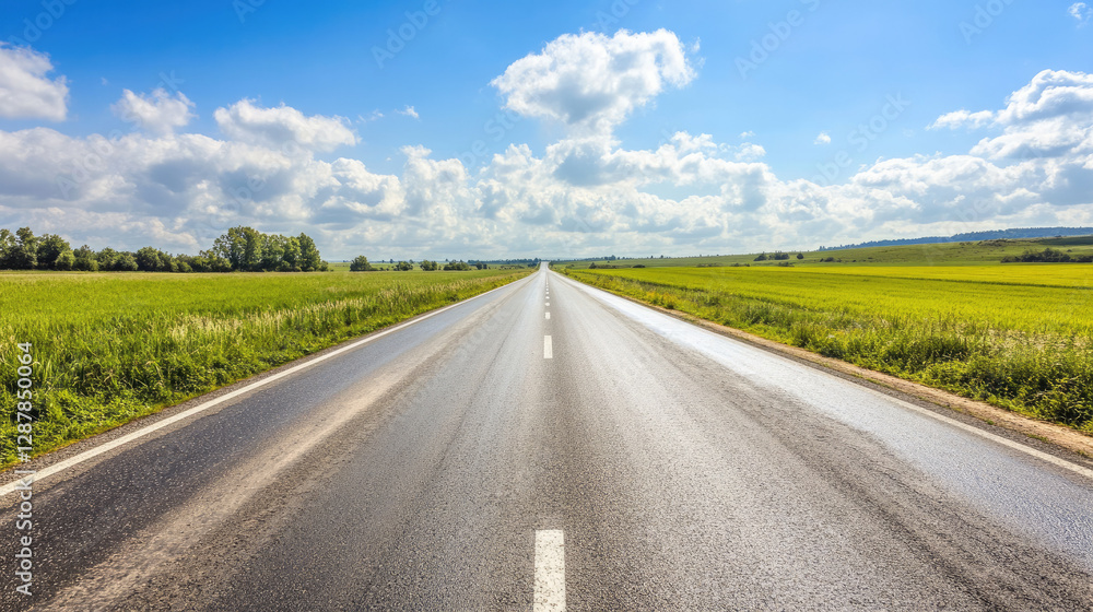 Wide road into distance, flanked by green fields and blue sky. High-definition, horizontal composition. Serene beauty. Wide road into distance, flanked by green fields and blue sky. High-definition, horizontal composition. Serene beauty.