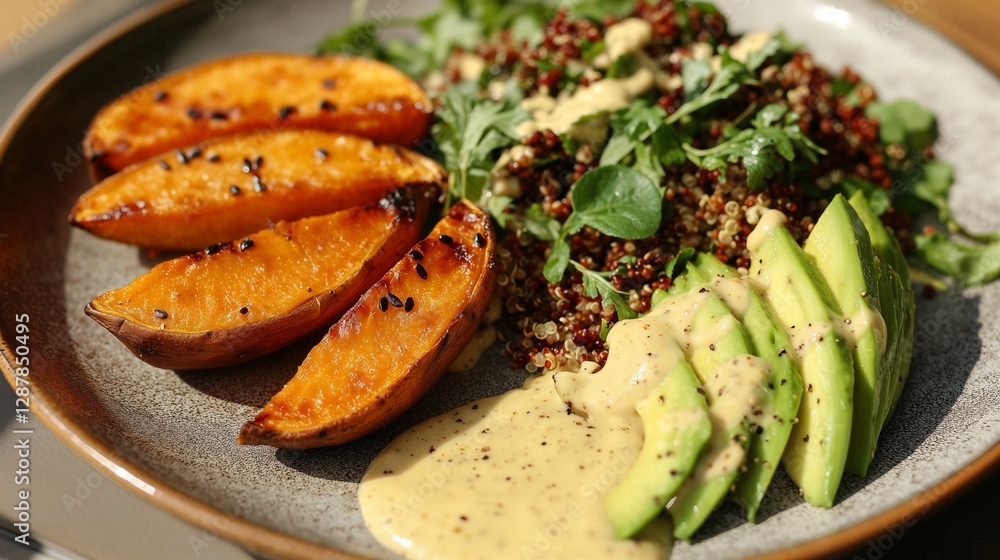 Gourmet roasted sweet potatoes with quinoa salad and avocado slices 5096x2856 px Gourmet roasted sweet potatoes with quinoa salad and avocado slices 5096x2856 px