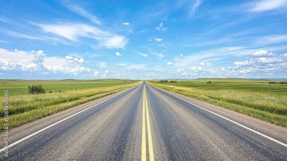 Wide road into distance, flanked by green fields and blue sky. High-definition, horizontal composition. Serene beauty. Wide road into distance, flanked by green fields and blue sky. High-definition, horizontal composition. Serene beauty.