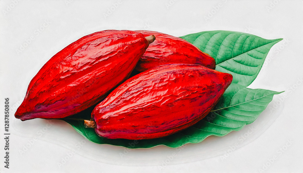 Red cocoa fruits or cocoa pods over green leaves isolated on white background. File contains clipping path. Red cocoa fruits or cocoa pods over green leaves isolated on white background. File contains clipping path.