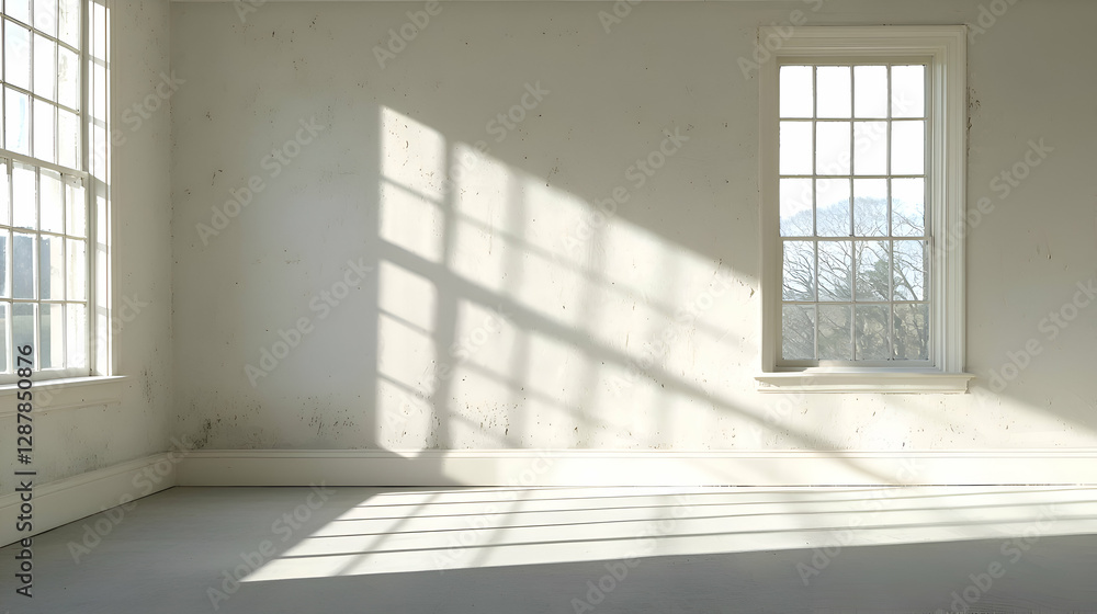 Fototapeta premium Sunlit Empty Room with White Walls and Two Windows