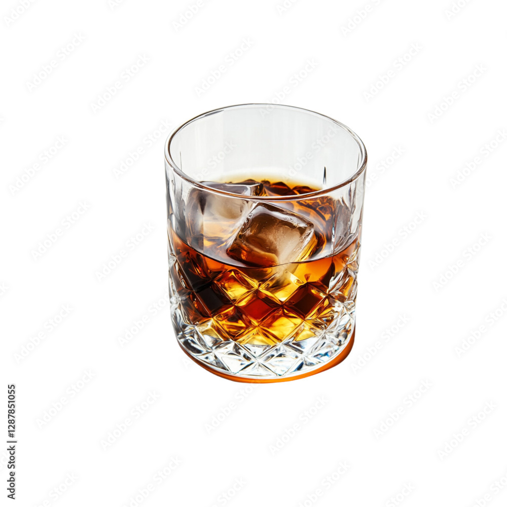 glass of whiskey with ice, showcasing rich amber tones and classic design glass of whiskey with ice, showcasing rich amber tones and classic design