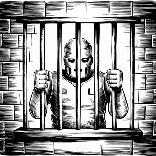 Engraved Robot Prisoner: Captivity in Monochrome