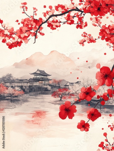 Serene oriental scenery with cherry blossom branches framing a pagoda on a lake with misty mountains and a tranquil mood