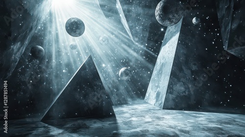A 3D rendered space showing geometric shapes, floating spheres, and beams of light creating a surreal, sci-fi atmosphere.