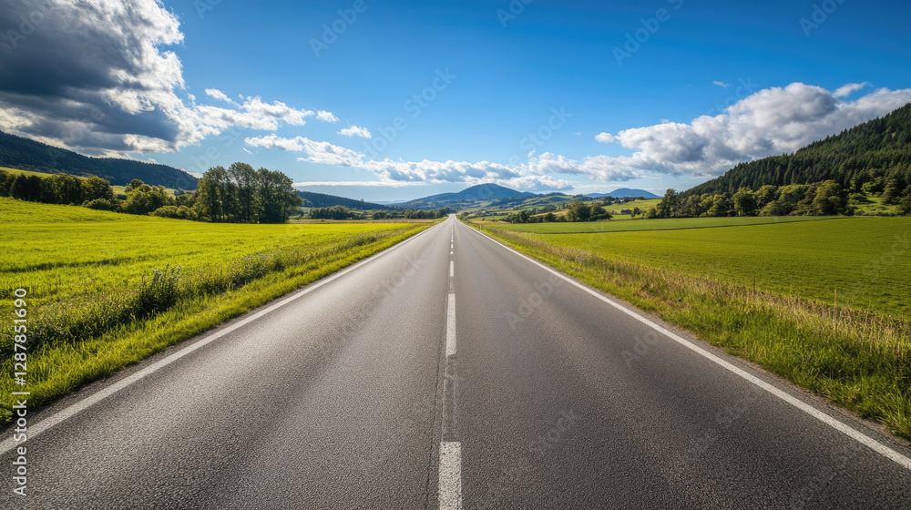 Wide road into distance, flanked by green fields and blue sky. High-definition, horizontal composition. Serene beauty. Wide road into distance, flanked by green fields and blue sky. High-definition, horizontal composition. Serene beauty.