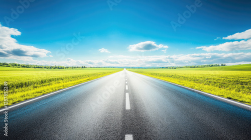 Wide road into distance, flanked by green fields and blue sky. High-definition, horizontal composition. Serene beauty.