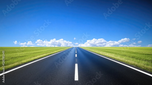 Wide road into distance, flanked by green fields and blue sky. High-definition, horizontal composition. Serene beauty.