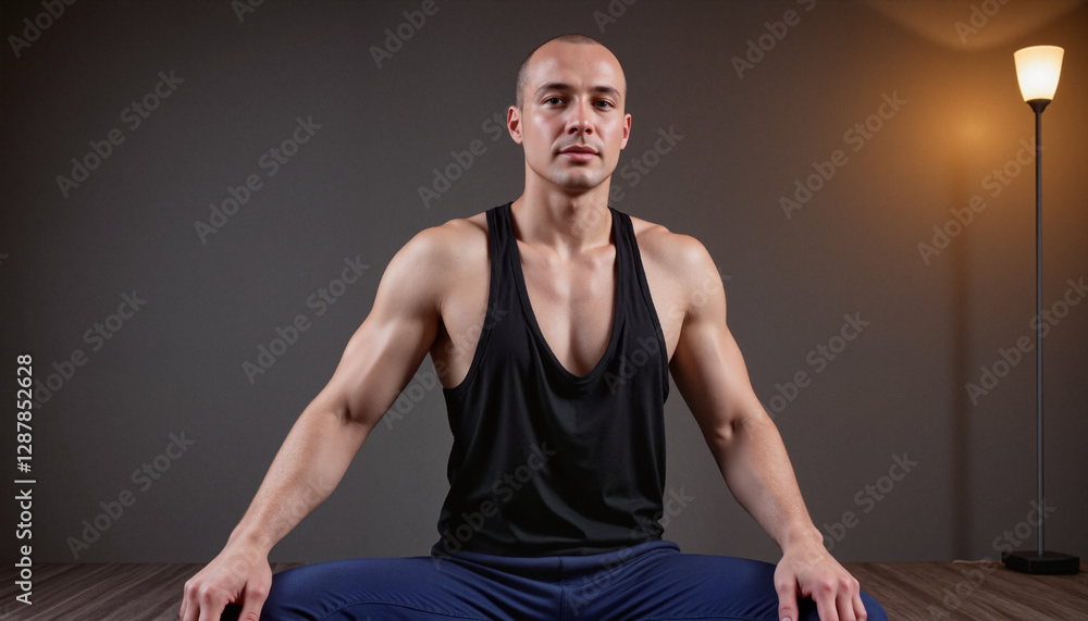 Fototapeta premium Bald athletic male Pilates teacher in meditative posture, practicing controlled breathing in modern studio