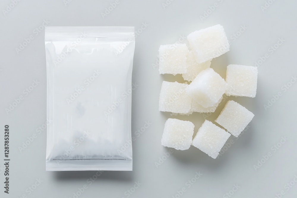 Fototapeta premium A Package And Cubes Of White Sugar On A Flat Surface